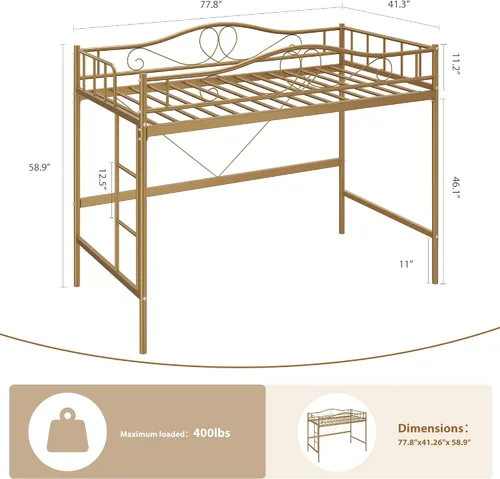 Vista 2 de Cama tipo loft individual con escalera ajustable y barandilla de seguridad completa, cama tipo loft, marco de metal resistente de 400 libras