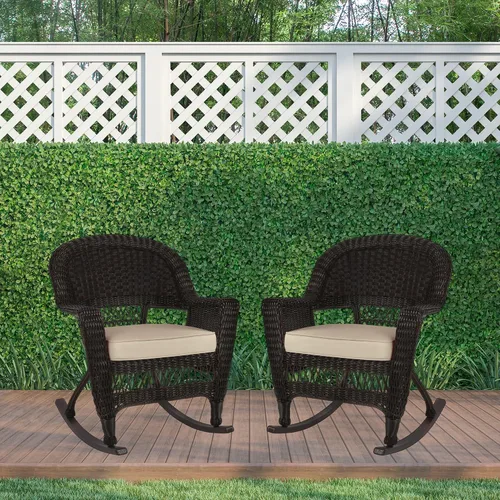 Vista 10 de Jeco Silla Rocker de mimbre con cojín bronceado, juego de 2, color espresso