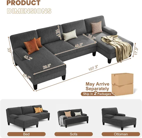 Vista 2 de WAYTRIM Sofá modular en forma de U de 108 pulgadas para sala de estar, sofá convertible con diván doble, almohadas extraíbles, sofá tapizado de 4