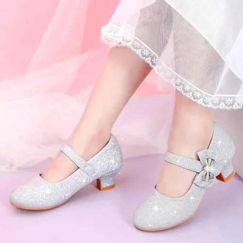 Vista 3 de Dufannie Zapatos de vestir para niñas, zapatos de tacón bajo de princesa, zapatos planos con purpurina para bodas y fiestas