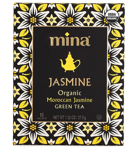 Vista 2 de Mina Té verde orgánico de jazmín marroquí, 15 sobres biodegradables, bolsas de té verde perfumadas a jazmín, rico en antioxidantes con esencia
