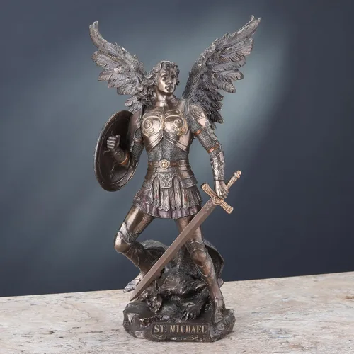 Vista 5 de Unicorn Studio 12 7/8 pulgadas Arcángel San Miguel resina fundida en frío bronce acabado escultura regalo religioso decoración del hogar estatua