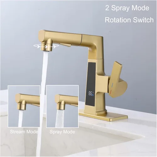 Vista 4 de Grifo de baño LED con rociador extraíble, pantalla de temperatura dorada cepillada, 2 modos de pulverización, grifo RV de 1 o 3 agujeros con placa