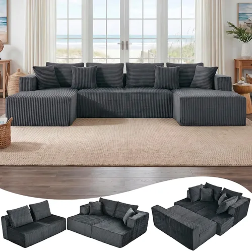 Vista 18 de Sofá modular en forma de L de 108 pulgadas, sofá modular sin hueso para sala de estar, cómodo sofá esponjoso de pana con asiento profundo Camel