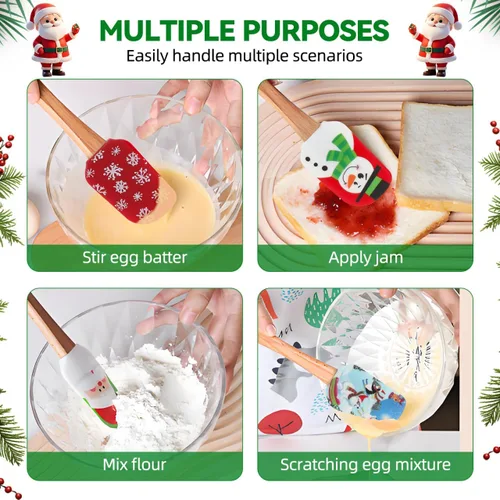 Vista 3 de DOITOOL 8 espátulas de silicona de Navidad, Papá Noel, alce, muñeco de nieve, muñecos de nieve, espátula para pastel de Navidad con mango de madera