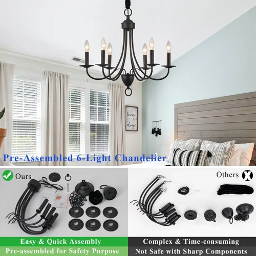 Vista 6 de Candelabro de granja negro de 6 luces, estilo rústico de luz industrial moderna, lámpara colgante para comedor, mesa de cocina, sala de estar