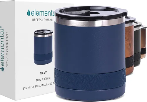 Vista 16 de Elemental Recess Vaso bajo de 10 oz, taza de acero inoxidable de triple pared con tapa de Tritan no fracturable, vaso de whisky aislado, taza