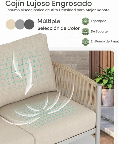 Vista 6 de Sofá de dos plazas de aluminio para patio exterior, sofá de patio de cuerda HDPE con cojín grueso lavable, muebles de patio para todo tipo de clima