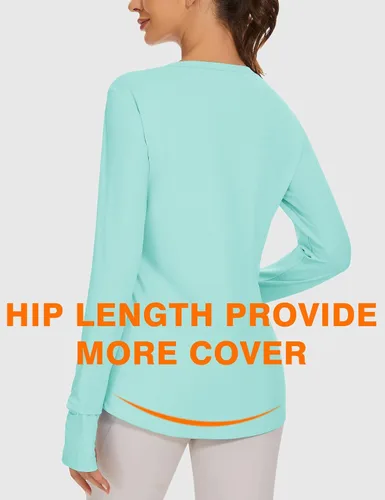 Vista 5 de Blingfit Camisas de entrenamiento para mujer, camisetas atléticas de manga larga UPF 50+, camisetas de protección solar con agujero para el pulgar