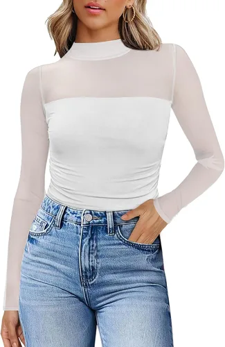 Vista 21 de Camisas de manga larga de malla sexy para mujer, ropa de moda, cuello de tortuga, drapeada, para salir, trajes de otoño, blusas ajustadas Negro
