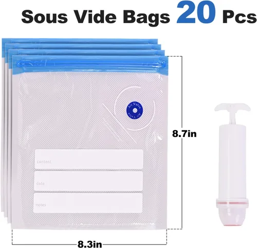 Vista 2 de Sous Vide - Bolsas de sellado al vacío reutilizables de 8 x 9 pulgadas para alimentos, bolsa selladora con cremallera al vacío con bomba de mano