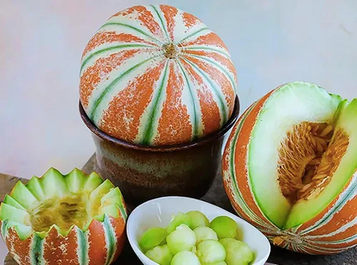 Vista 2 de Semillas de melón Kajari - Deliciosas y nutritivas, melón dulce - Blanco con verde y naranja - 5 semillas