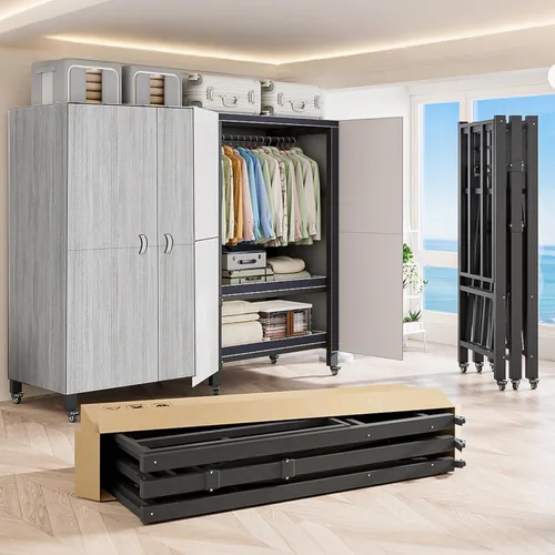 Vista 14 de Perchero cubierto resistente con puerta magnética, plegable, portátil, para colgar ropa, perchero de metal negro con ruedas (negro, 49.12 pulgadas)