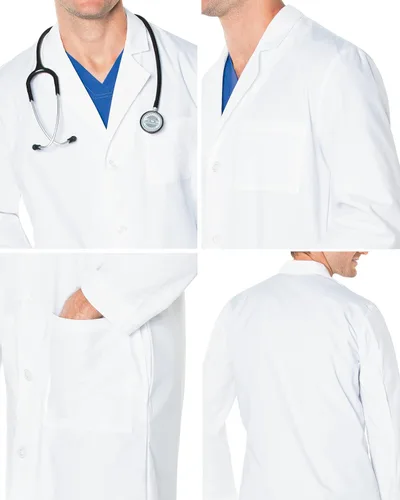 Vista 4 de Landau Abrigo de laboratorio para hombre de 41 pulgadas, longitud completa, 3 bolsillos, color blanco, uniforme médico