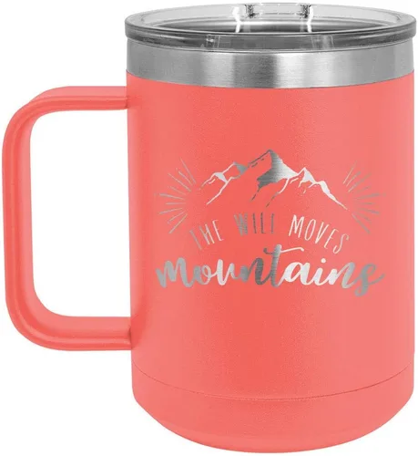 Vista 6 de Taza de café con tapa superior deslizante, diseño de The Will Move Mountains, color negro, de 15 oz con tapa superior Taza de café de viaje