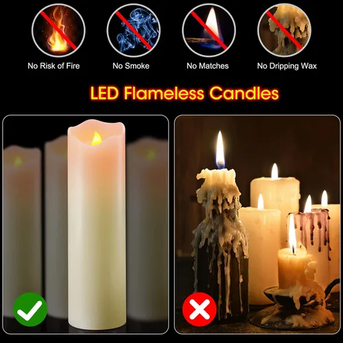Vista 6 de PChero Velas parpadeantes sin llama de 10 x 3 pulgadas con control remoto y temporizadores, velas LED de cera real que funcionan con pilas, juego