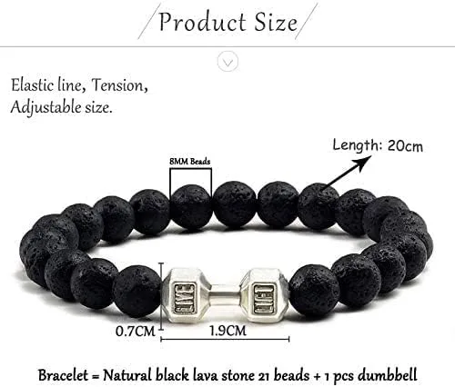 Vista 2 de Pulsera de mancuernas de piedra volcánica volcánica negra natural con cuentas mate para mujeres y hombres, pulseras de joyería de barra de fitness
