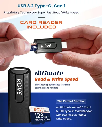 Vista 3 de ROVE Ultimate Micro SD Card microSDXC 128GB tarjeta de memoria con USB 3.2 tipo C lector de tarjetas 512GB 170MB/s C10, U3, V30, 4K, A2 para Dash