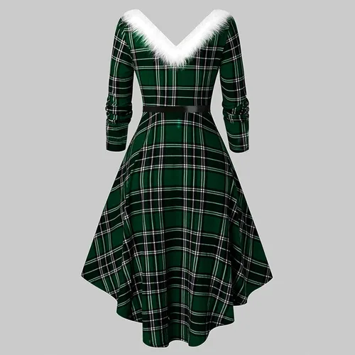 Vista 4 de Disfraz sexy de la señora Claus para mujeres adultas, cuello en V, vestido de Navidad retro rojo con estampado de Navidad, vestido de graduación