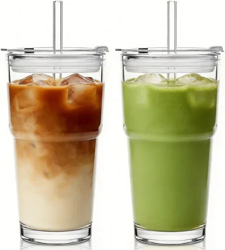 Vista 10 de Vaso de vidrio acanalado de 20 onzas, tazas de café helado con tapas y pajitas, vaso grueso reutilizable para llevar, ideal para café, batidos