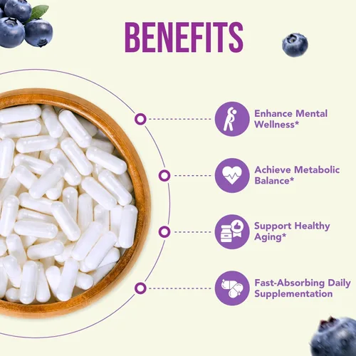 Vista 4 de Suplemento de pterostilbeno de 150 mg – Suplemento antioxidante una vez al día para un envejecimiento saludable para la piel y el cerebro inmune