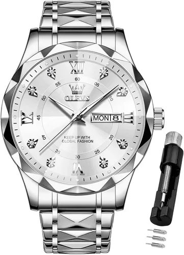 Vista 17 de OLEVS - Relojes para hombre de diamantes de lujo, casual, esfera grande, acero inoxidable, impermeable, para negocios, de vestir, analógico