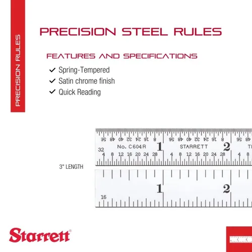 Vista 2 de Regla de acero templado Starrett Spring, con graduación de pulgadas, graduaciones estilo 4R, 1