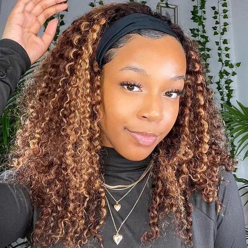 Vista 40 de Peluca de cabello humano con diadema de ondas profundas, sin pegamento, pelucas de cabello rizado sin encaje frontal, pelucas de cabello humano