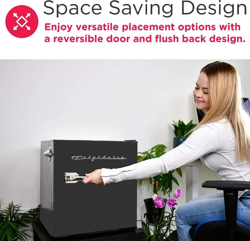 Vista 7 de FRIGIDAIRE Mini refrigerador retro negro de 1.6 pies cúbicos con control de termostato ajustable de ahorro de energía, abrebotellas de montaje