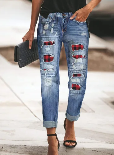 Vista 3 de Astylish - Jeans ajustados para mujer, desgastados, elásticos, con parches a cuadros, rasgados, con agujeros, estilo boyfriend