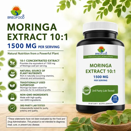 Vista 2 de Extracto de Moringa Oleifera 10:1 1500 mg - 180 cápsulas - Suplemento sin OMG y sin gluten - Superalimento verde de hoja de moringa