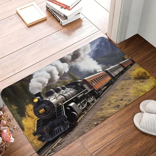 Vista 2 de UNIOND Tapete absorbente antideslizante con estampado de tren de locomotora de vapor, 24 x 16 pulgadas, de franela, lavable, para interiores