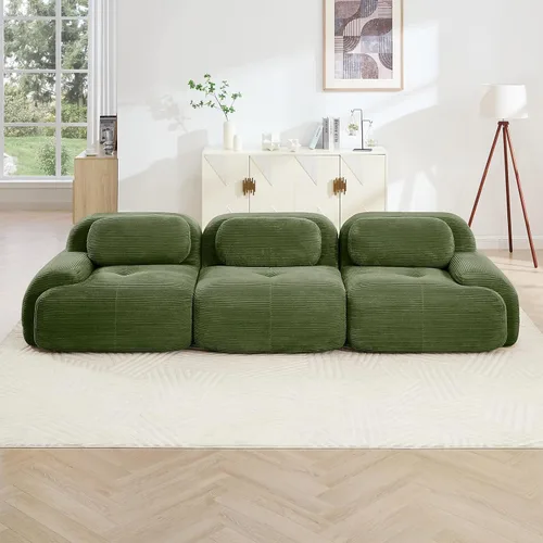 Vista 3 de Sofá moderno comprimido sin armazón de 116", sofás seccionales de 3 plazas para sala de estar, sofá seccional modular de pana verde nube, espuma