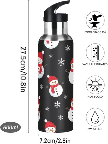 Vista 9 de Cute Snowmen Black Stainless Steel Vacuum Insulated Water Bottle 20 Oz Leakproof Water Bottles, BPA-Free Sports Water Bottle with Straw