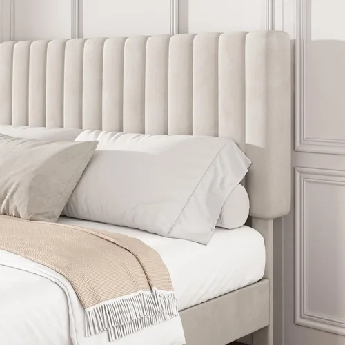 Vista 4 de Base de cama de plataforma de tamaño matrimonial con cabecera capitoné de canal vertical, no necesita somier, sin ruido, fácil montaje, terciopelo