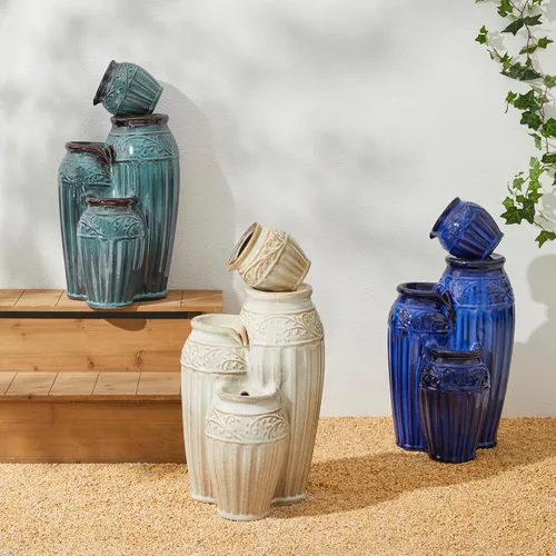 Vista 8 de Glitzhome - Fuente de jardín de 27.25" de alto con luces LED y bomba, fuente de agua para exteriores de 4 niveles con patrón en relieve azul Azul