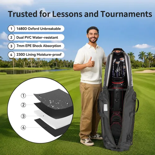 Vista 5 de Bolsas de viaje de golf para aerolíneas con tapa dura de fibra de carbono (gris marrón)
