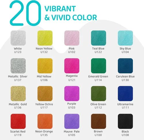 Vista 2 de Juego de pintura de tela para ropa, 20 colores (2.0 fl oz/2 oz cada uno) pintura textil permanente con 6 pinceles, 1 paleta, pintura de tela