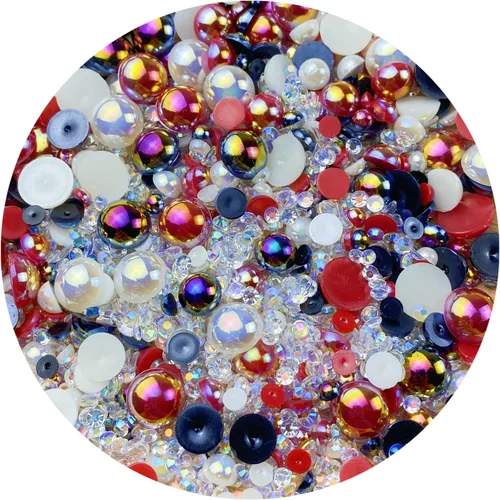 Vista 23 de Cuentas de resina con diamantes de imitación, mitad redonda, cuentas de perlas planas de 30 g, cuentas de media perla con diamantes de imitación