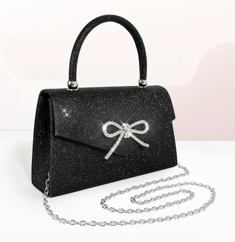 Vista 4 de Bolso de noche para mujer, con lazo brillante, bolso de mano para boda, fiesta, monederos con diamantes de imitación con purpurina para cóctel