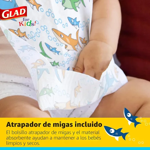 Vista 3 de Baberos desechables de papel con atrapamigas para niños de Glad con diseño de tiburón para alimentación - Absorbentes y a prueba de fugas