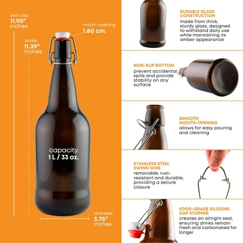 Vista 3 de FastRack Botellas de vidrio Swing Top de 33 onzas, paquete de 12, botellas de vidrio con tapa abatible ámbar con tapas herméticas, botellas