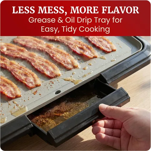 Vista 7 de Elite Gourmet Plancha eléctrica de 10 x 20 pulgadas, superficie antiadherente Ceralast™ de cerámica grande sin PFAS, asas de tacto frío, termostato