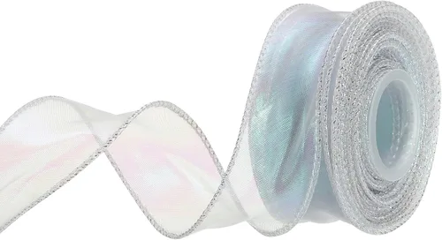 Vista 30 de MECCANIXITY - Cinta de organza con cable de 1 1/2" de ancho, brillante, transparente, con brillo irisado en tonos pastel, cinta de gasa para Beige
