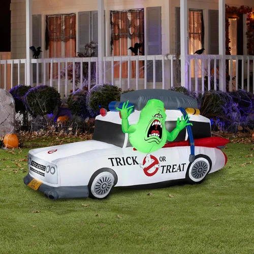 Vista 2 de Gemmy Airblown Ghostbuster's Ecto-1 - Móvil de 7 pies con decoración de patio más delgada 552108, verde, blanco, rojo, azul