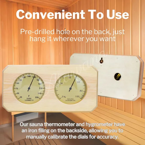 Vista 5 de Termómetro de sauna de madera 2 en 1, termómetro de sauna Atarvana para interiores, higrómetro, accesorios para sala de hotel y sauna, accesorio