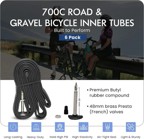 Vista 2 de VeloTubes 700C X (18/25, 28/34, 35/43) Tubos interiores de bicicleta de carretera y grava 1.890 in Presta Valve Tubos de bicicleta, paquete de 6