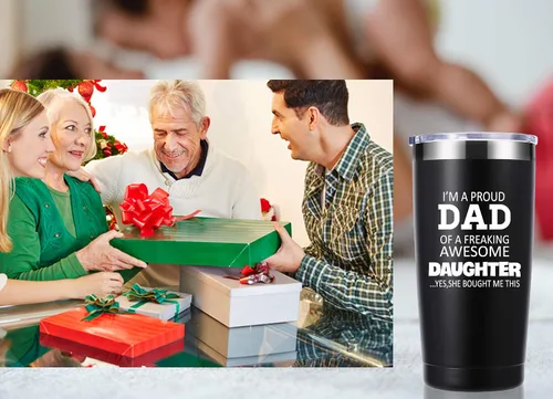 Vista 5 de momocici Vaso de 20 onzas con texto en inglés "I'm a Proud Dad of a Freaking Awesome Daughter". Regalos para papá de hija, hijo, esposa, cumpleaños