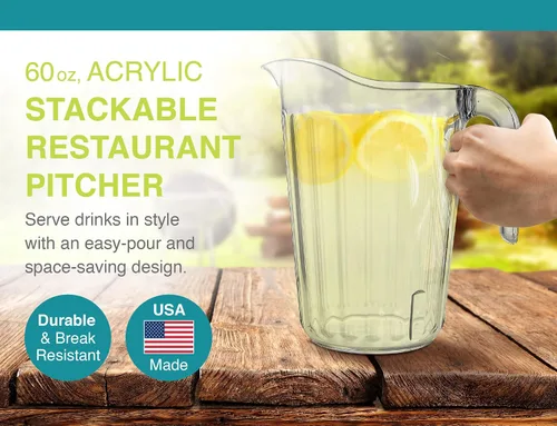 Vista 2 de Arrow - Jarra de plástico transparente, 60 onzas, diseño apilable que ahorra espacio, apta para lavavajillas, ideal para agua, cerveza y jugo, sin