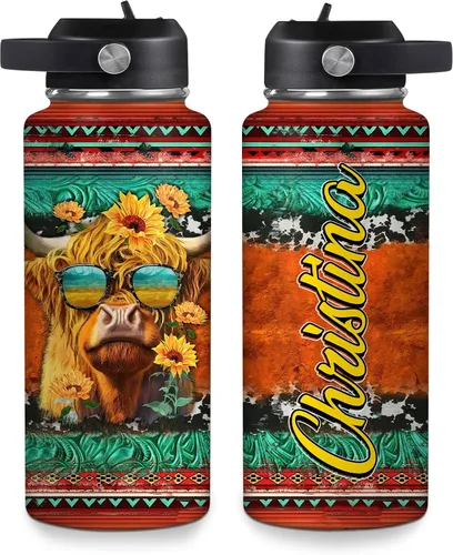 Vista 15 de Hyturtle Botella de agua personalizada de vaca Highland, botella de acero inoxidable aislada con tapa a prueba de fugas, 18 onzas, 32 onzas, regalo